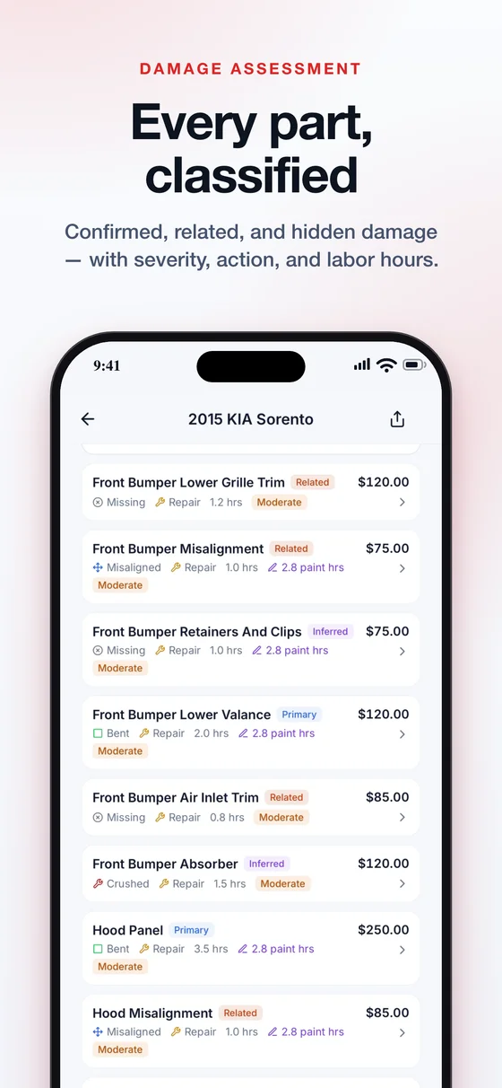 Every damaged part. Explained. — example AutoEstimatePro iPhone app screen