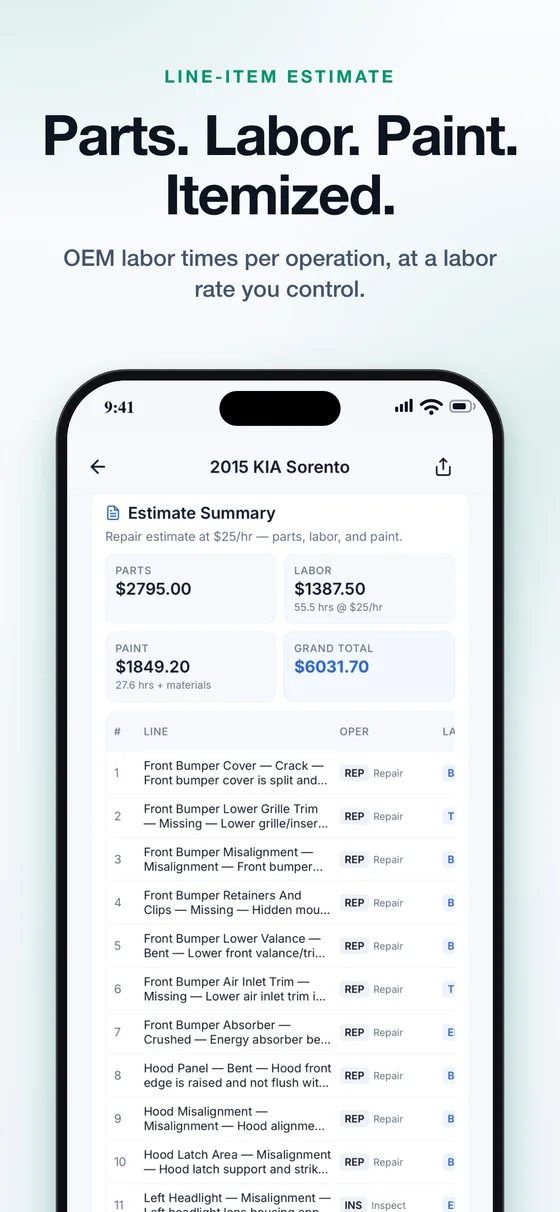 Parts. Labor. Paint. Itemized. — example AutoEstimatePro iPhone app screen