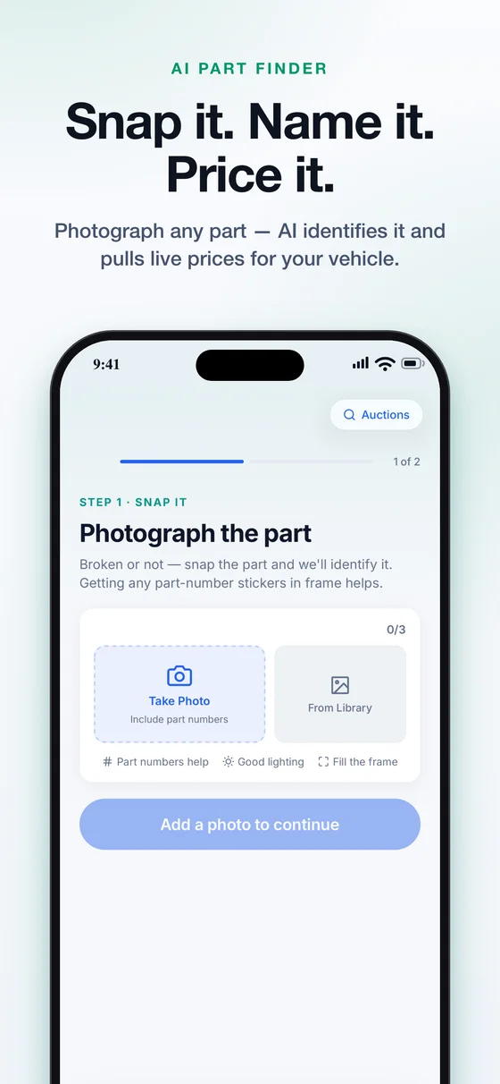 Photograph a part. Find your options. — example AutoEstimatePro iPhone app screen