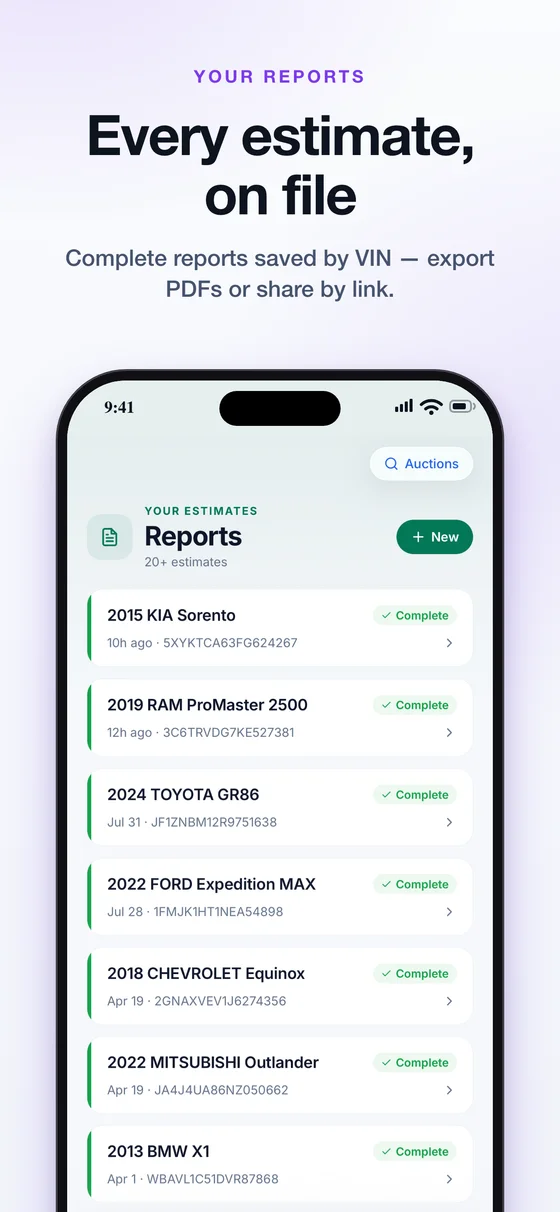 Your estimates, all in one place. — example AutoEstimatePro iPhone app screen