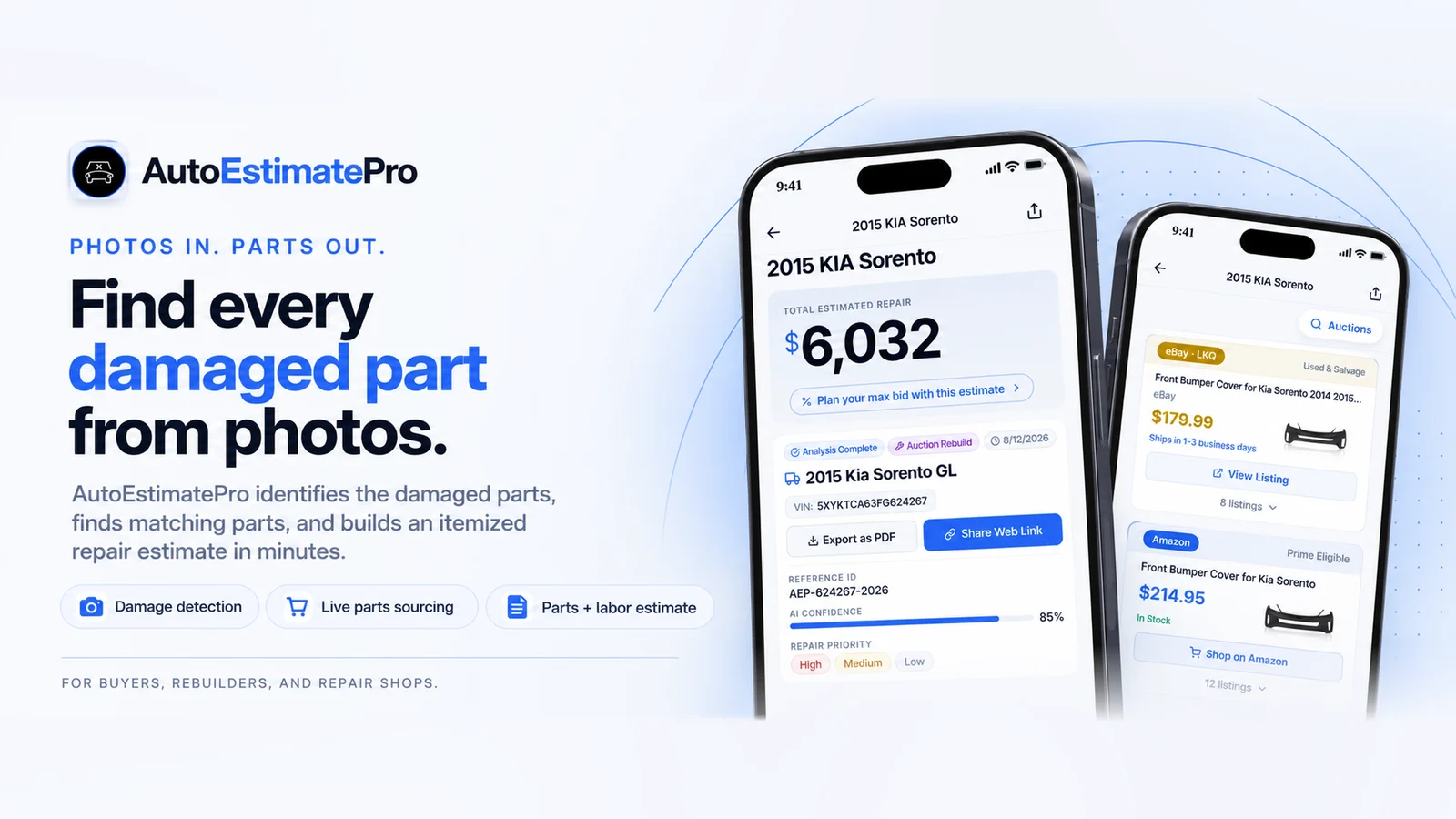 AutoEstimatePro photo damage detection, live parts sourcing, and itemized repair estimate on iPhone
